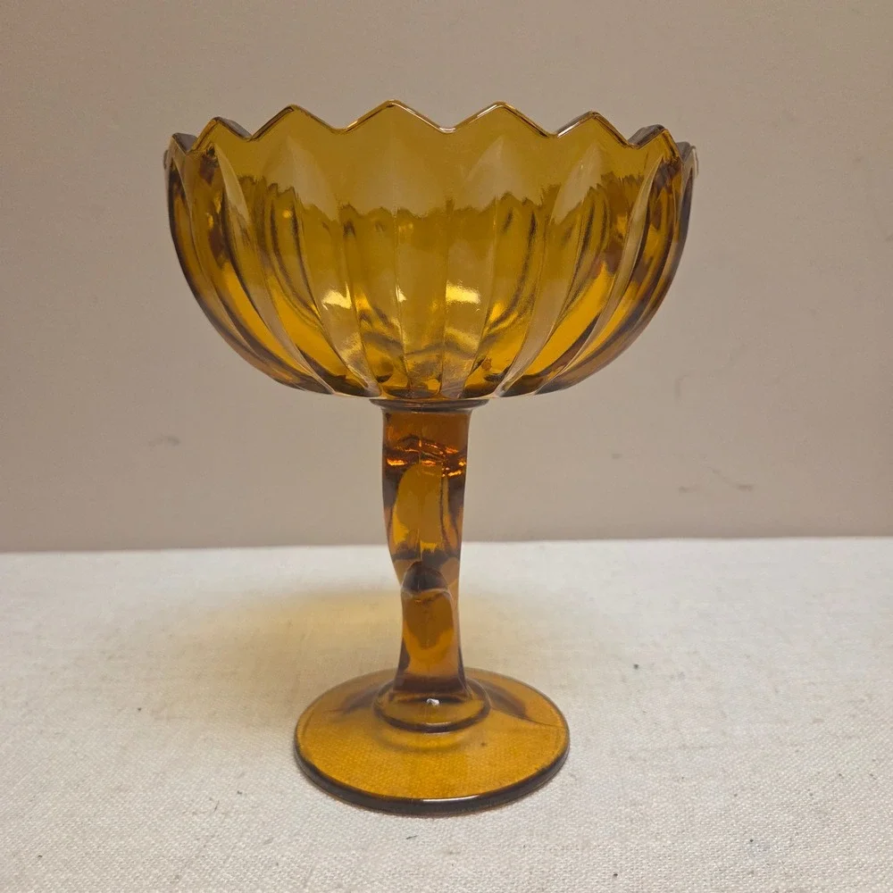 Vintage Amber Glass Compote Dish Pedestal Scalloped Rim Candy Bowl